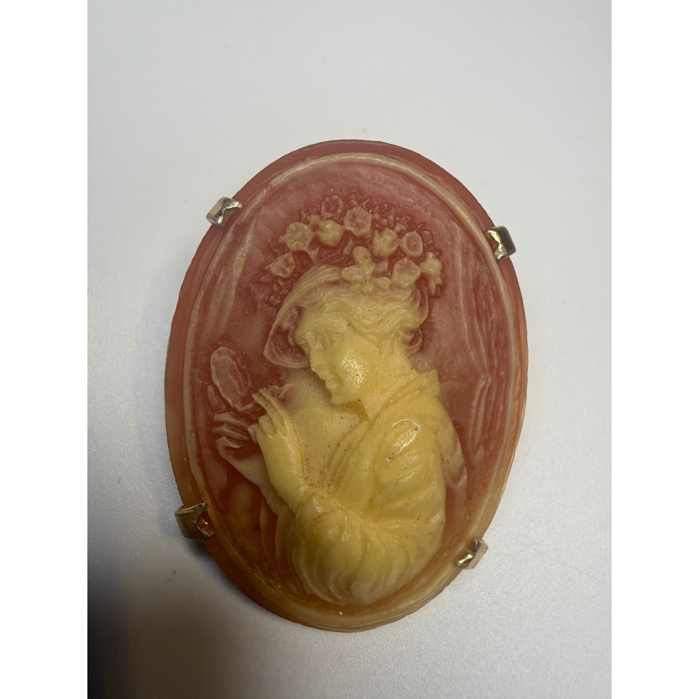 Vintage Gold Tone Oval Cameo Brooch Pin Woman‎ Profile Terracotta Cream Floral